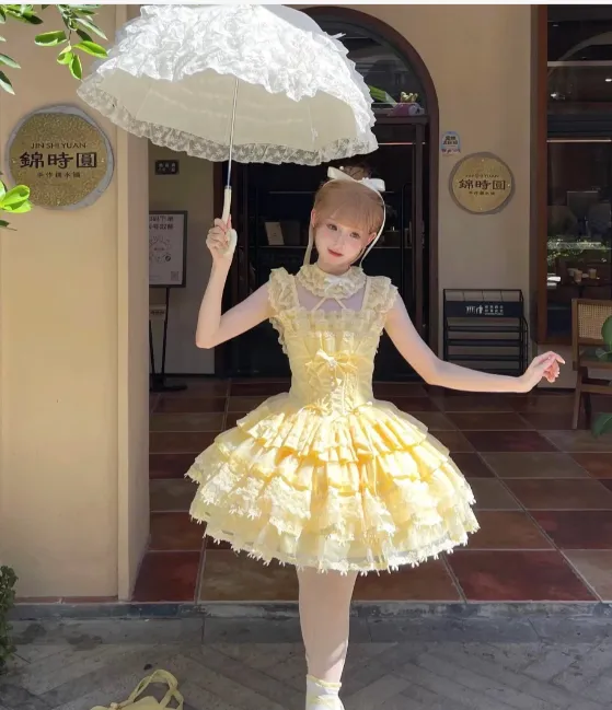 Sweet Square Neck Ball Gown Lace Birthday Dresses Yellow Lolita Dresses HZ1121