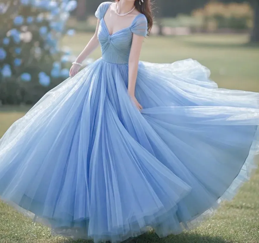 Elegant V-neck A-line Long Prom Dresses Grey Blue Long Formal Dresses HZ1121