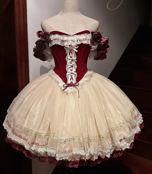 Princess Off-the-Shoulder Ball Gown Lace Tulle 18th Birthday Dresses Burgundy Lolita Dress HZ1121