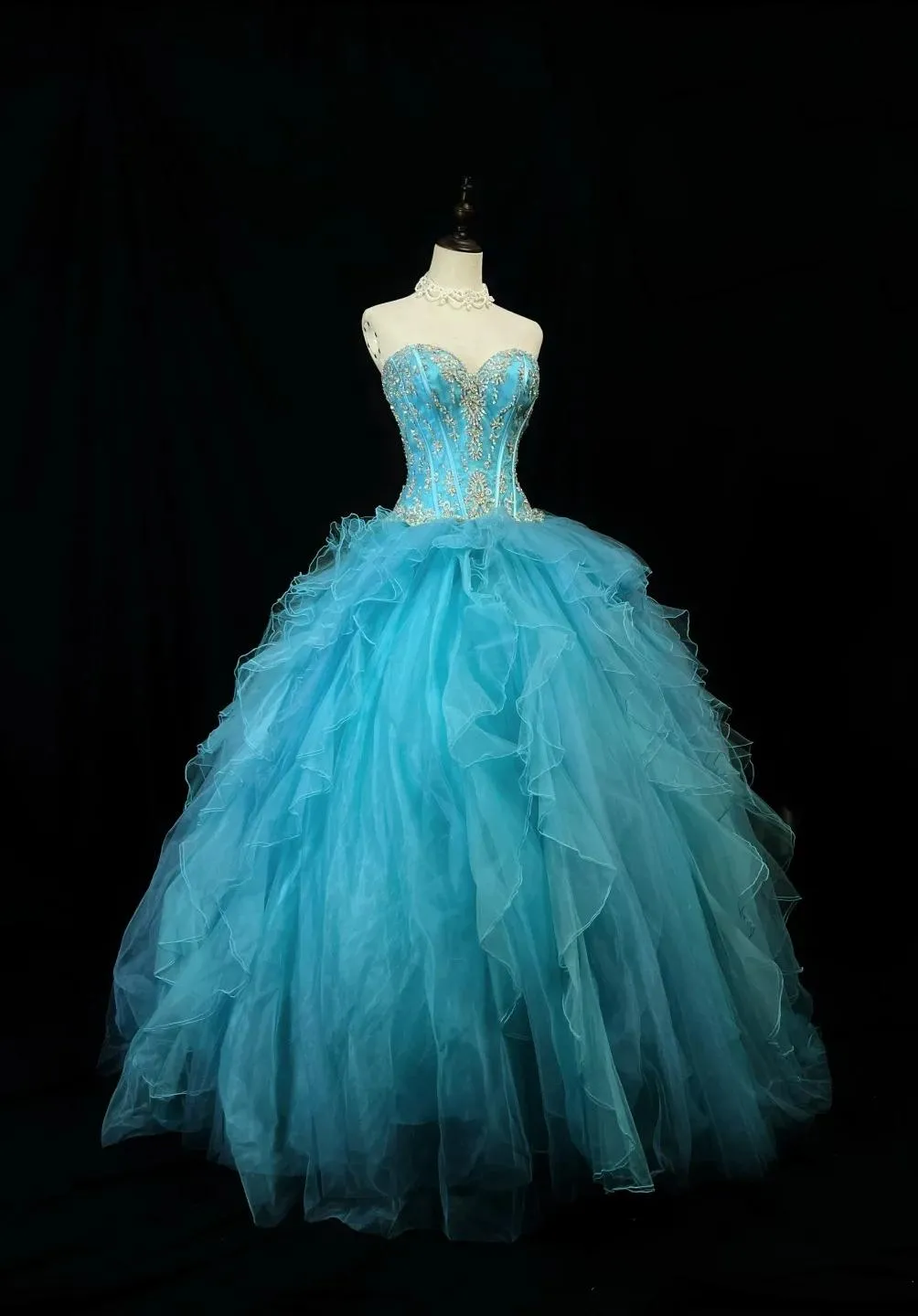 Fairy Sweetheart Ball Gown Tulle Rhinestone Long Prom Dresses Blue Quinceanera Dresses Sweet 16 Dresses HZ1121