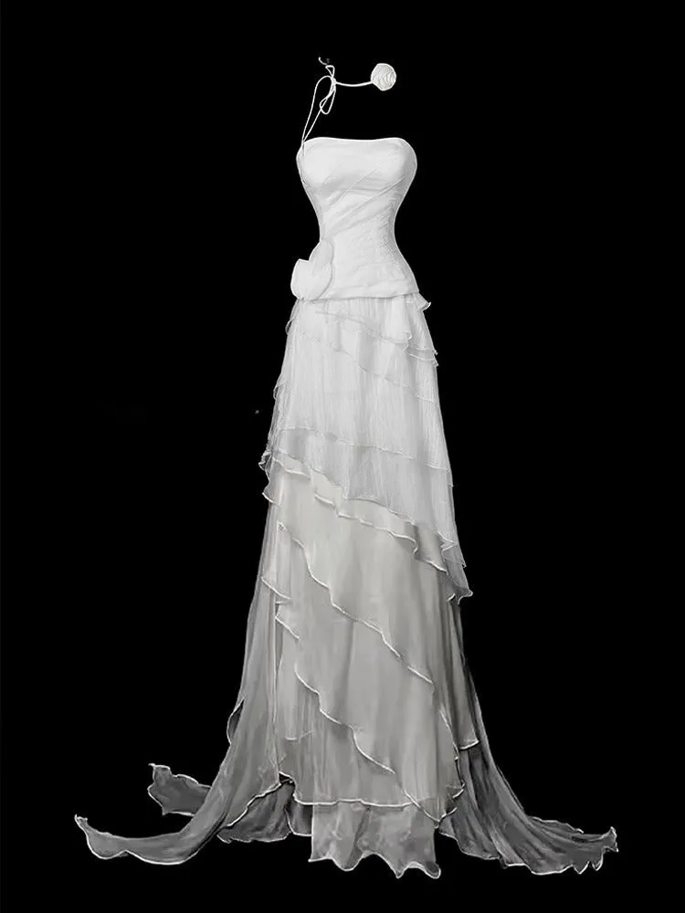 Elegant Strapless Sheath Long Prom Dresses, Chiffon White Evening Gowns HZ1121