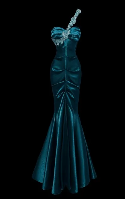 Chic One Shoulder Mermaid Wedding Guest Dress, Satin Dark Teal Long Prom Dresses HZ1121