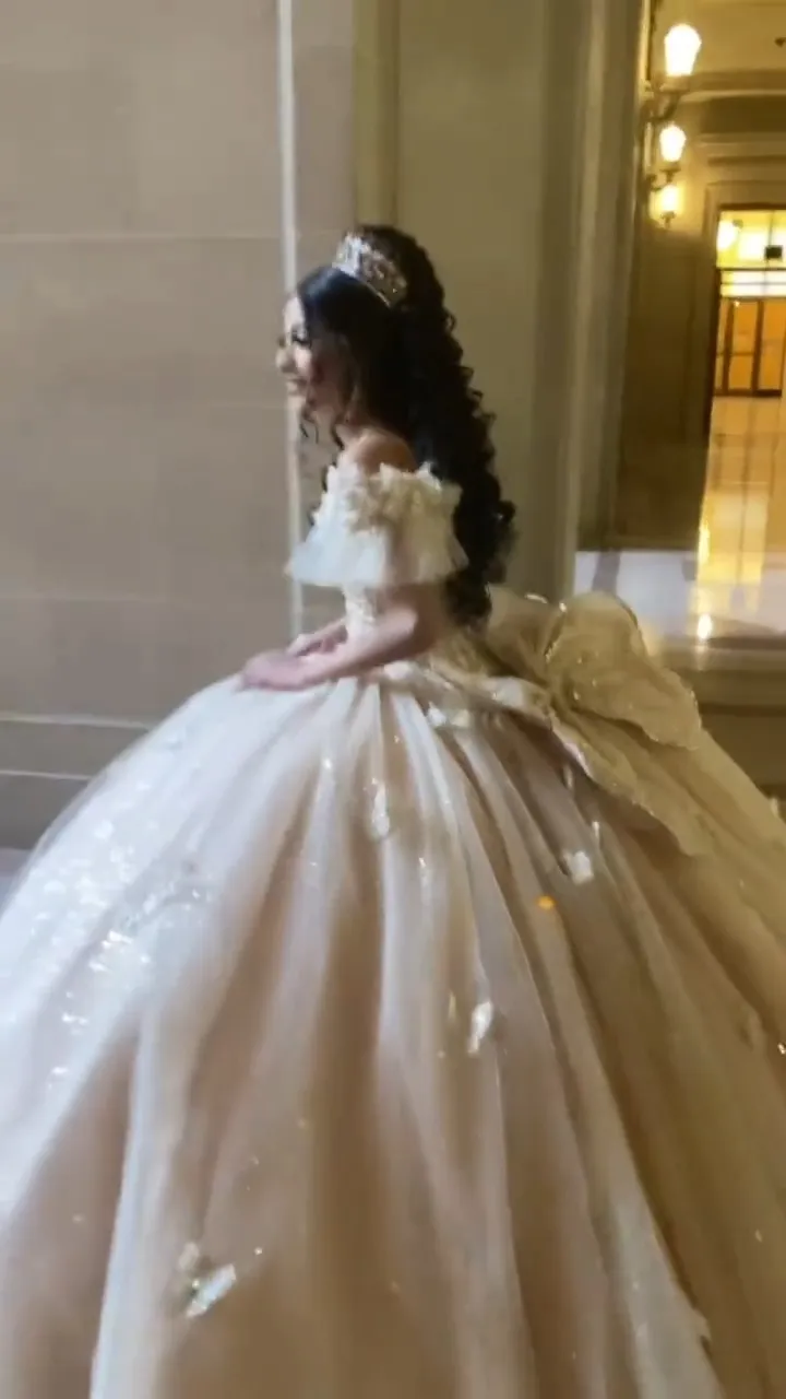 Gorgeous Off-the-Shoulder Ball Gowns Champagne Tulle Sequins Long Quinceanera Dress Formal Gowns Vestido De 15 Anos Sweet 16 Dress HZ1121