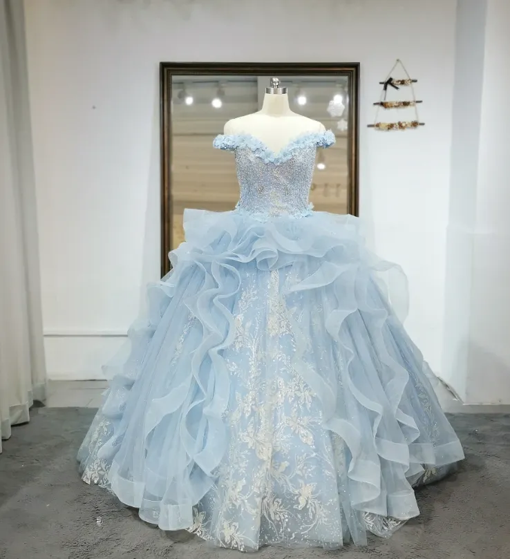 Cute Off Shoulder Ball Gowns Pale Blue Tulle Beaded Long Quinceanera Dress Formal Gowns Vestido De 15 Anos Sweet 16 Dress HZ1121