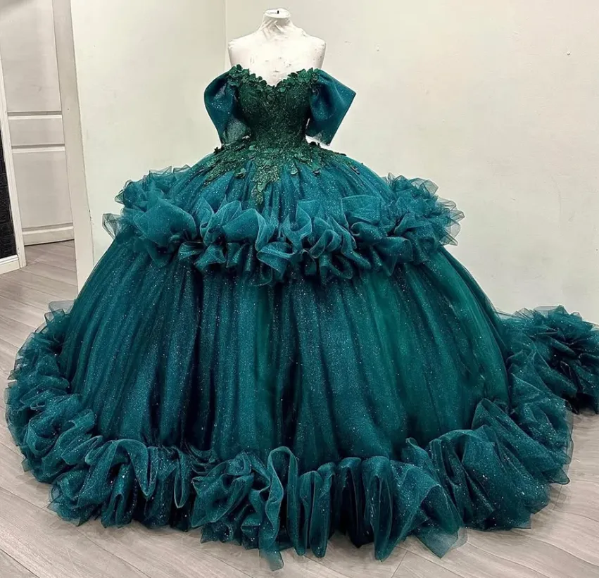 Cute Off Shoulder Ball Gowns Jade Tulle Long Quinceanera Dress Formal Gowns Vestido De 15 Anos Sweet 16 Dress HZ1121