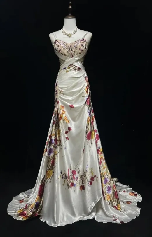 Vintage Spaghetti Strap Sheath Long Prom Dresses Floral Satin Sleeveless Evening Dress Sequin Champagne Formal Dresses HZ1121