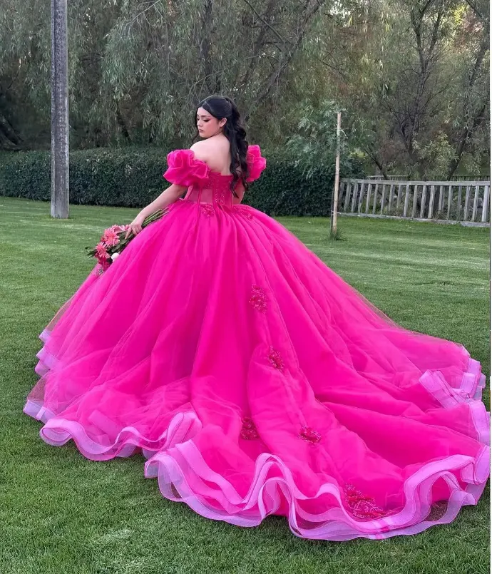 Cute Off-the-shoulder Ball Gown Tulle Long Prom Dresses Fuchsia Quinceanera Dresses estido De 15 Anos Sweet 16 Dress HZ1121