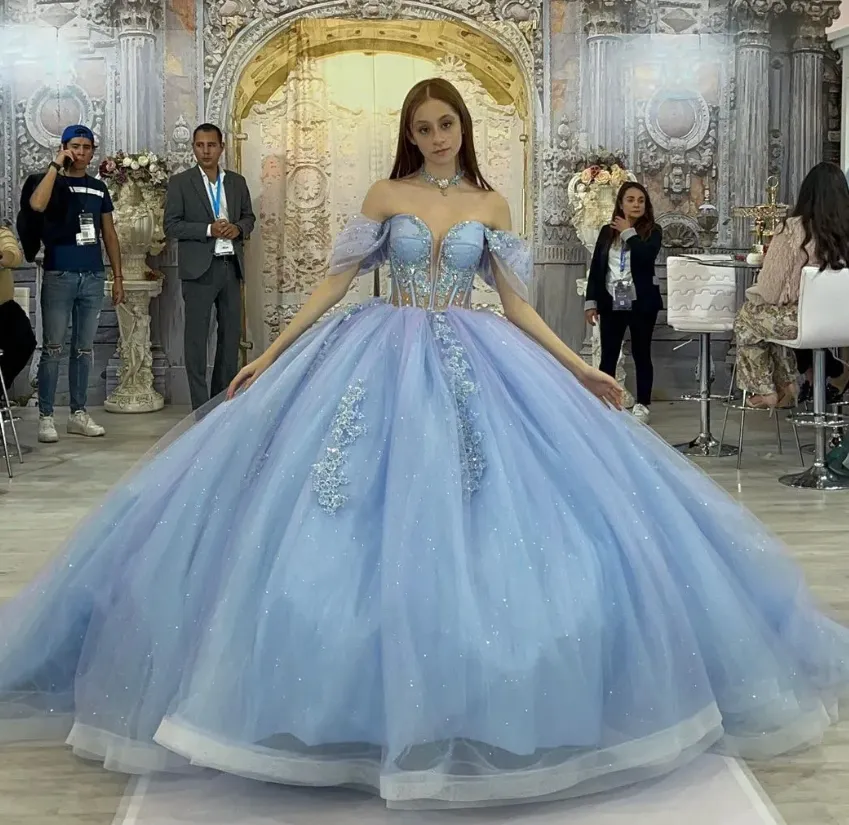 Fairy Off-the-shoulder Ball Gown Tulle Long Prom Dresses Blue Quinceanera Dresses estido De 15 Anos Sweet 16 Dress HZ1121