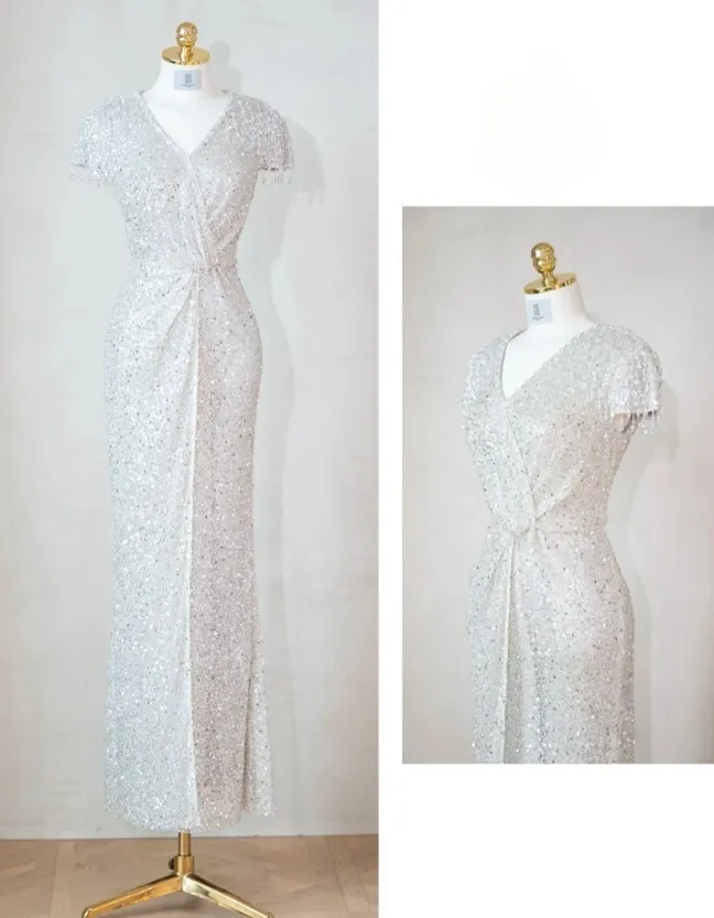 Elegant V neck Sheath Evening Dresses Net Sequin Silver Mother of the Bride Dress HZ1121