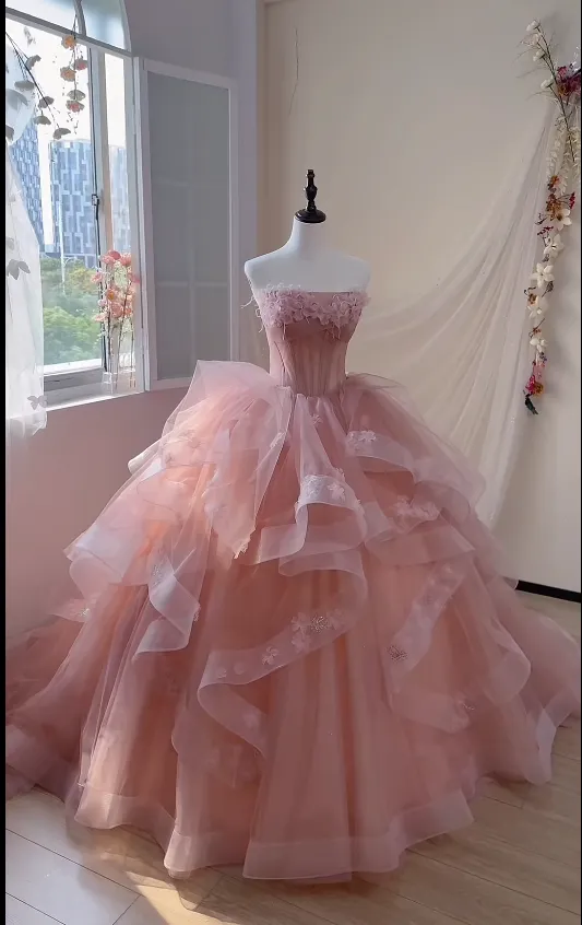 Gorgeous Strapless Ball Gown Tulle Applique Long Prom Dresses Pink Quinceanera Dress Sleeveless Sweet 16 Dresses HZ1121