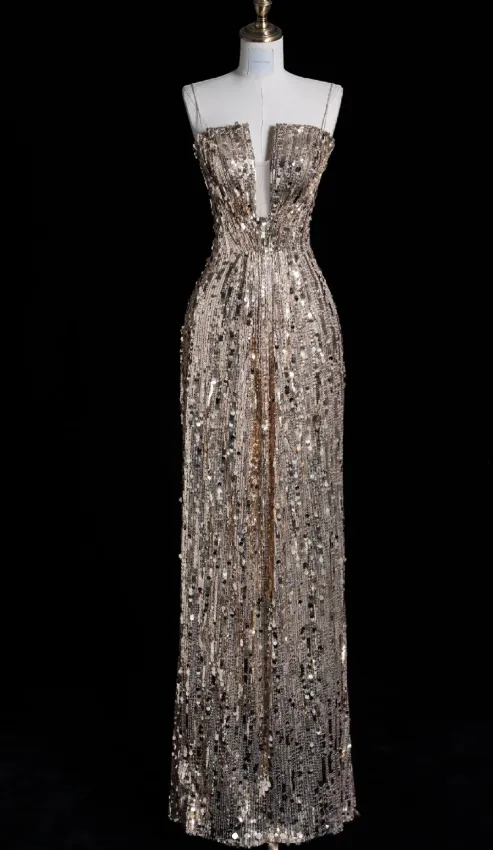Elegant Spaghetti Strap Sheath Long Prom Dresses Sequins Champagne Evening Dresses HZ1121