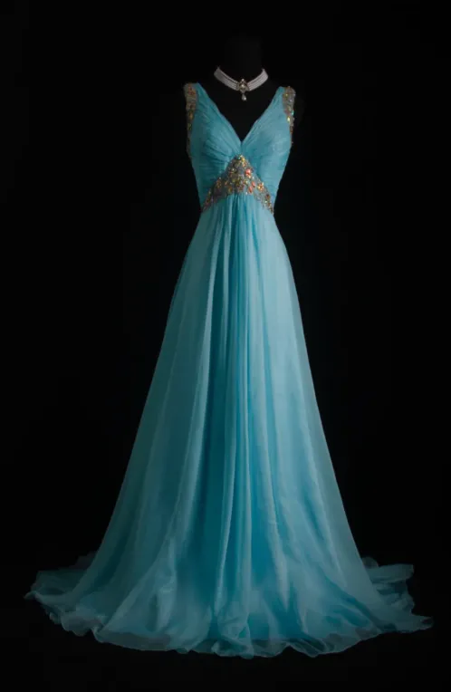 Vintage V-neck A-Line Long Evening Dresses Chiffon Turquoise Prom Dresses HZ1121