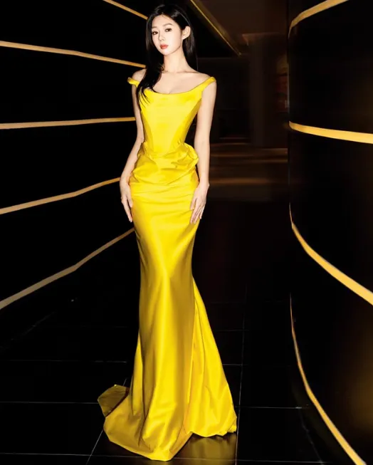 Glam Strap Sheath Long Prom Dresses Satin Yellow Evening Dresses HZ1121