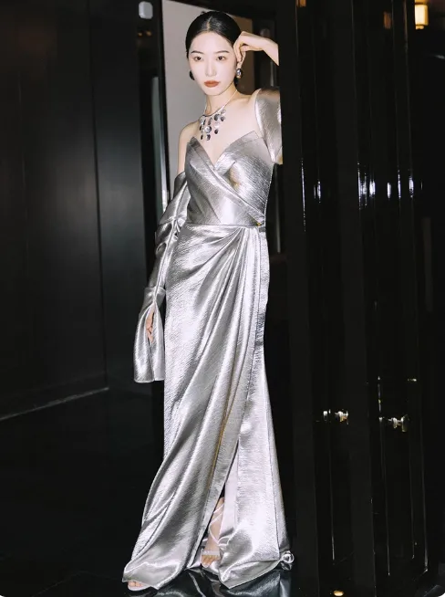 Glam Strapless Sheath Long Prom Dresses Satin Silver Grey Evening Dresses HZ1121