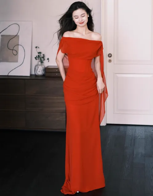 Chic Off-the-shoulder Sheath Long Prom Dresses Chiffon Wine Red Evening Dresses HZ1121