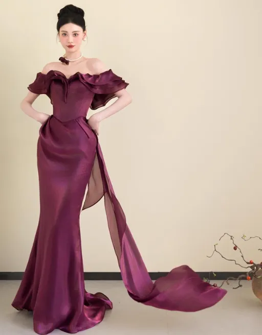 Chic Off-the-shoulder Mermaid Long Prom Dresses Satin Grape Evening Dresses HZ1121