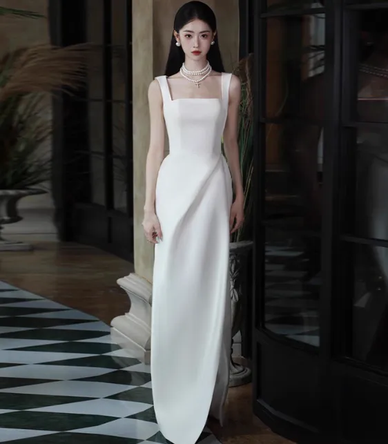 Elegant Square Neck Sheath Long Prom Dresses Satin White Evening Dresses HZ1121