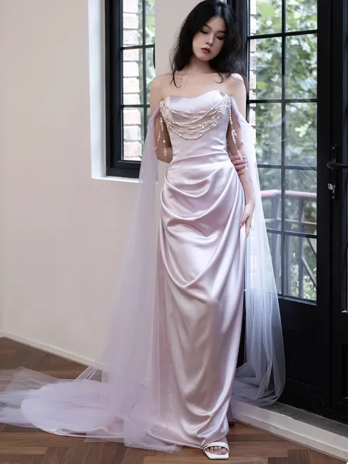 Elegant Off-the-shoulder Sheath Long Prom Dresses Satin Light Purple Evening Dresses HZ1121