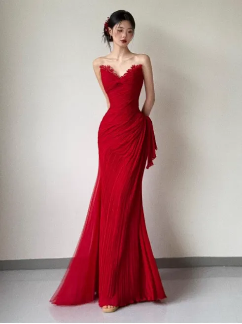 Elegant Sweetheart Neck Sheath Long Prom Dresses Lace Red Evening Dresses HZ1121