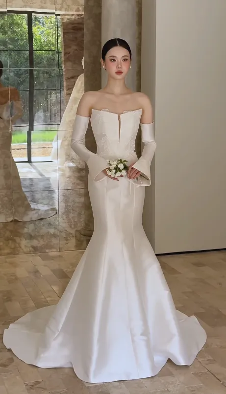 Timeless Strapless Mermaid Wedding Dresses Satin White Bridal Gowns HZ1121