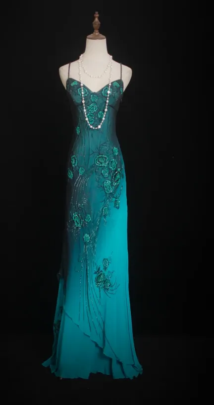 Glam Spaghetti Strap Sheath Long Prom Dresses, Chiffon Beaded Blue Formal Dresses HZ1121