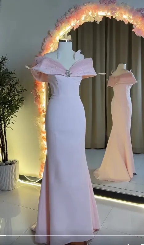 Fairy Off-the-shoulder Mermaid Long Prom Dresses, Satin Pink Evening Dresses HZ1121