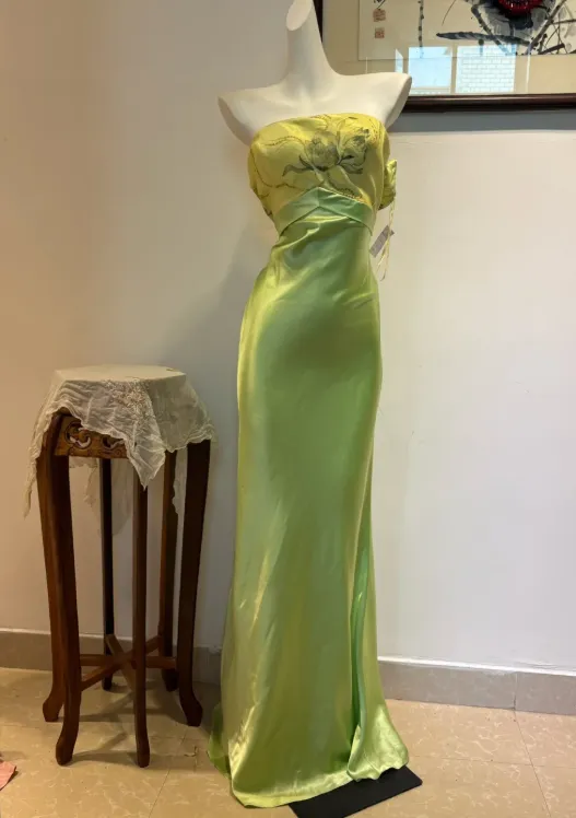 Glam Strapless Sheath Long Prom Dresses Satin Green Evening Dresses HZ1121