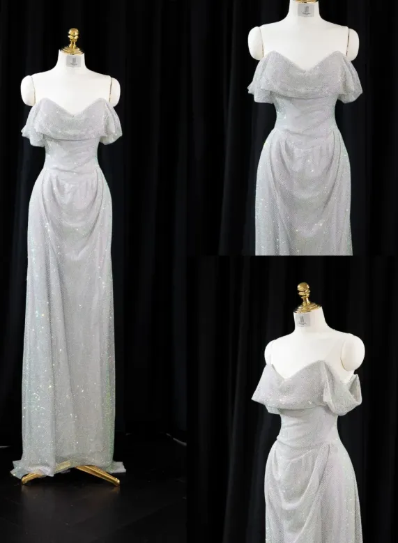 Glam Strapless Sheath Long Prom Dresses Net Silver Evening Dresses HZ1121