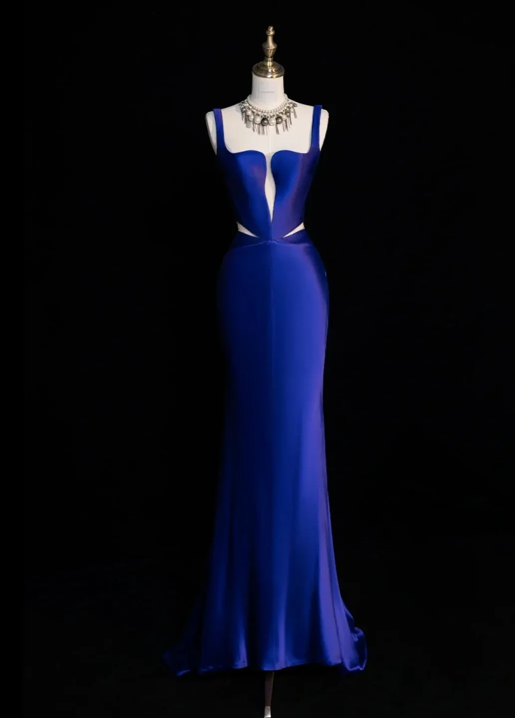 Chic Strap Sheath Long Prom Dresses Satin Royal Blue Evening Dresses HZ1121