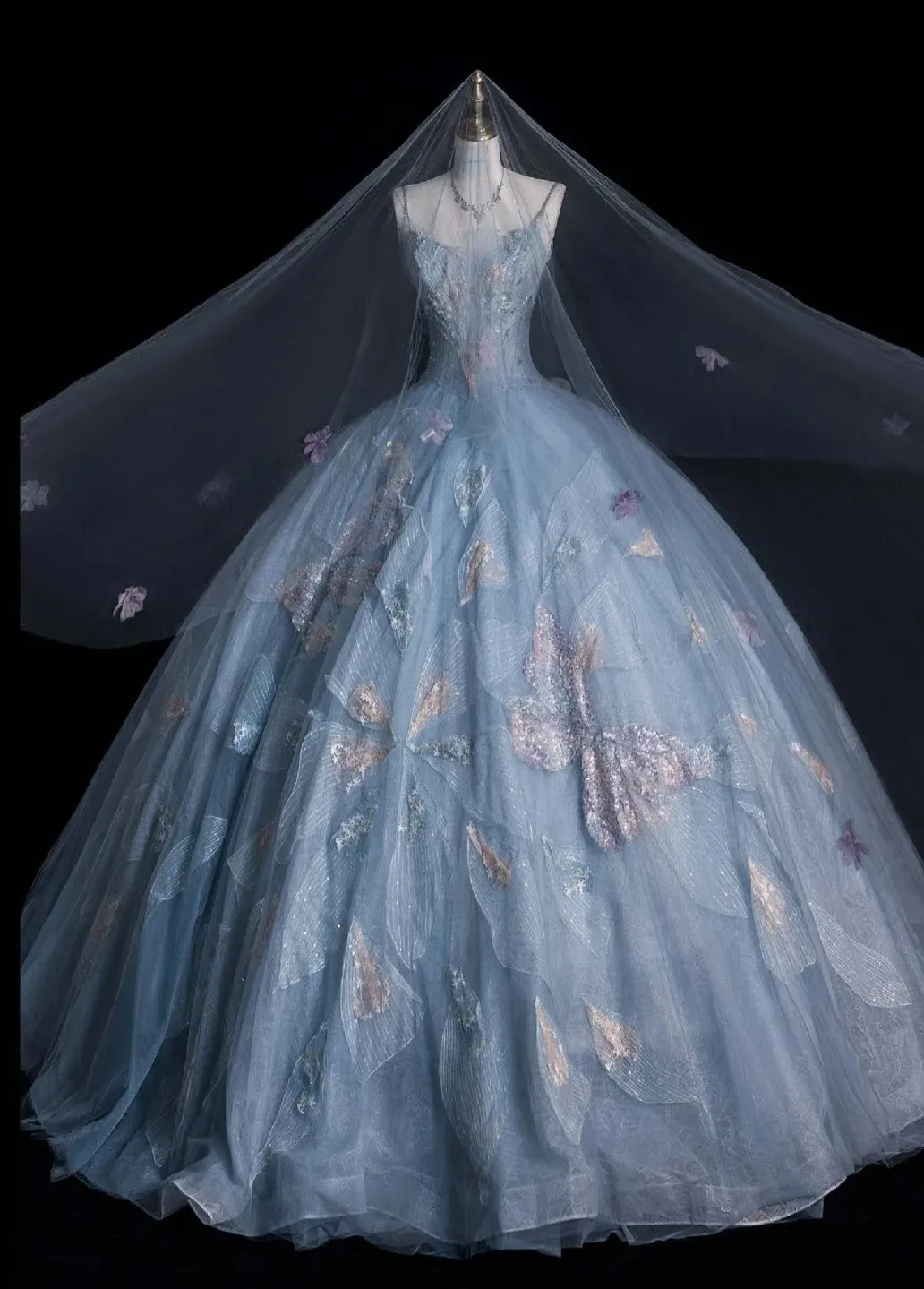 Gorgeous Spaghetti Strap A-Line Long Prom Dresses Tulle Sequined Gray Blue Evening Dresses HZ1121