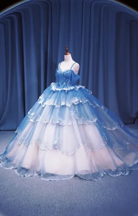 Gorgeous Off-the-Shoulder Ball Gown Tulle Long Prom Dresses Blue Quinceanera Dresses Sweet 16 Dresses HZ1121