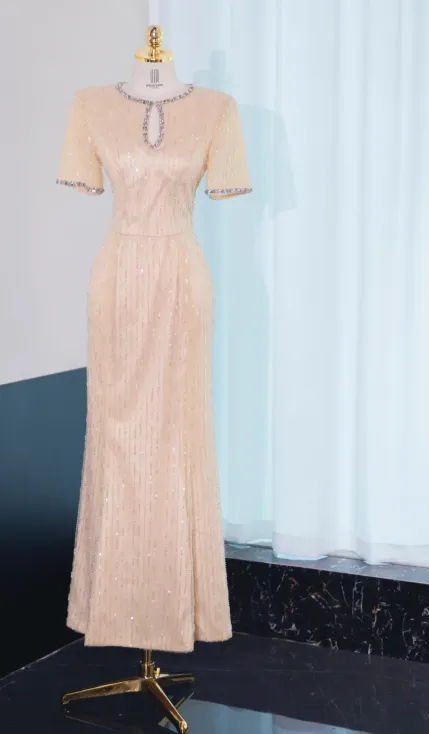 Elegant Jewel Sheath Mother of the Bride Dress Sequined Champagne Wedding Guest Dresses HZ1121