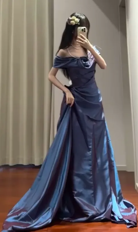 Elegant Off-the-shoulder A-Line Long Prom Dresses Satin Navy Blue Evening Dresses HZ1121