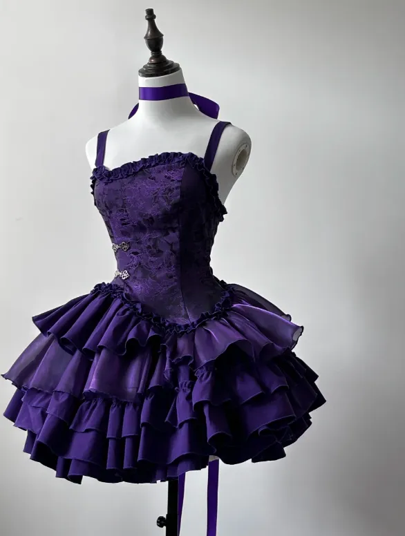 Cute Spaghetti Strap Ball Gown Tiered Chiffon Birthday Dresses Purple Lolita Dresses HZ1121