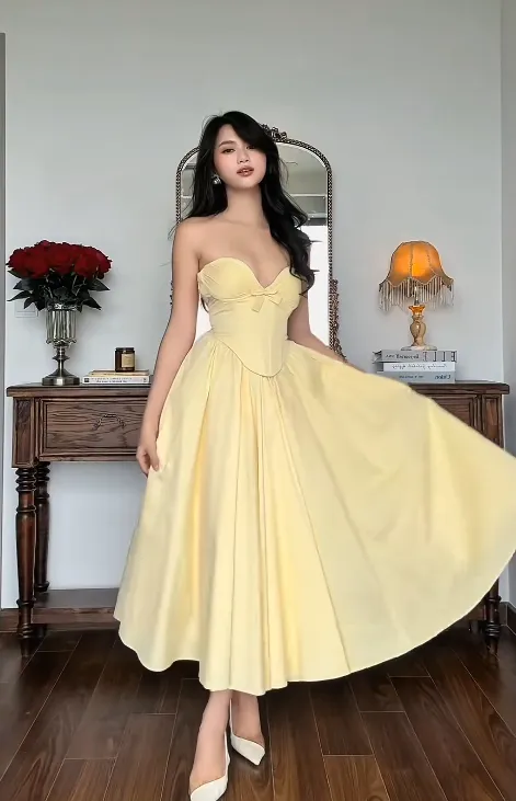 Elegant Sweetheart Neck Sheath Long Prom Dresses Satin Yellow Wedding Guest Dresses HZ1121