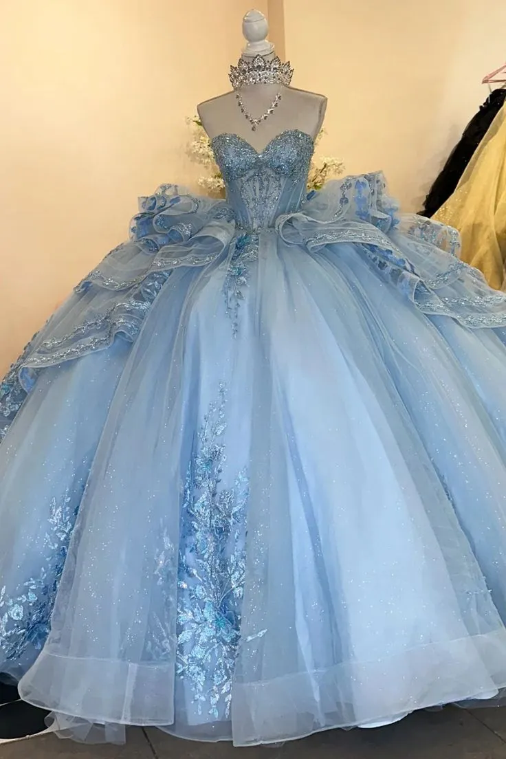 Fairy Sweetheart Neck Ball Gown Long Prom Dresses Tulle Applique Blue Quinceanera Dresses Sweet 16 Dresses HZ1121