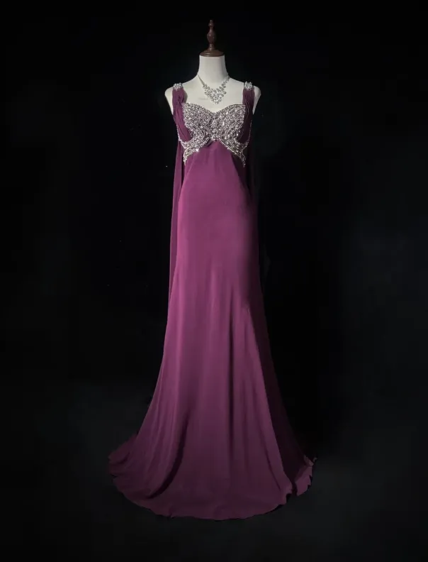Vintage Strap Sheath Long Prom Dresses Elegant Rhinestone Chiffon Grape Evening Dresses HZ1121