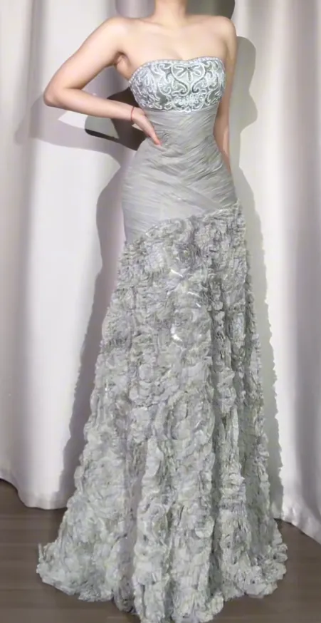 Vintage Strapless Sheath Long Prom Dresses Elegant Tulle Grey Evening Dresses HZ1121