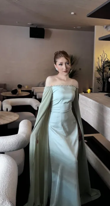 Elegant Off-the-shoulder Sheath Green Mother of the Bride Dress Satin Chiffon Green Evening Dress HZ1121