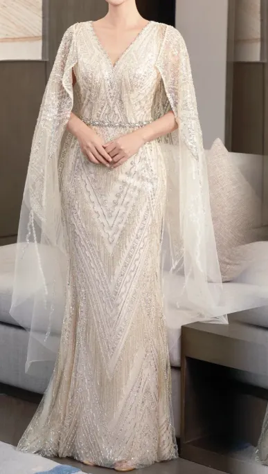 Elegant V-neck Sheath Wedding Guest Dresses Tulle Beaded Light Champagne Mother of the Bride Dresses with Cape HZ1121