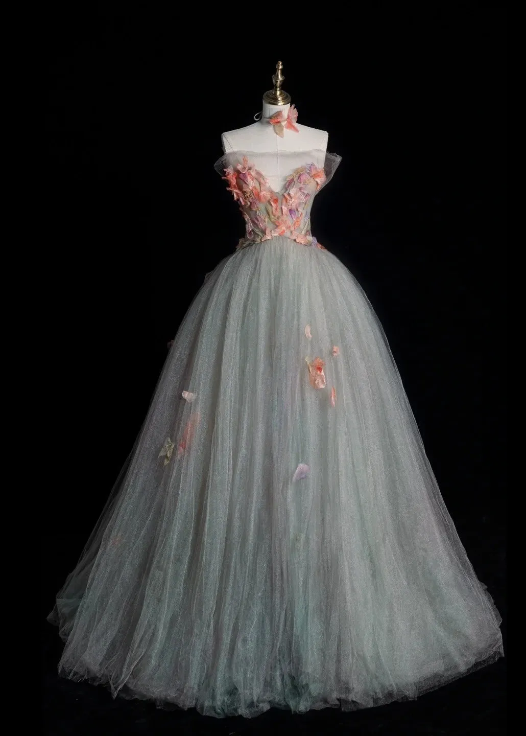 Cute Strapless A-line Long Prom Dresses Tulle Light Green Evening Dresses Sweet 16 Dress HZ1121