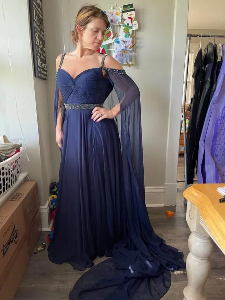 Glam Spaghetti Strap Sheath Long Evening Dresses Chiffon Navy Blue Mother of the Bride Dress HZ1121