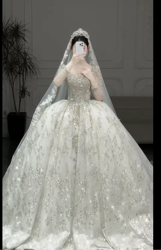 Gorgeous Square Neck Ball Gown Tulle Long Wedding Dresses Beaded White Bridal Gowns Long Sleeve Bridal Dresses HZ1121