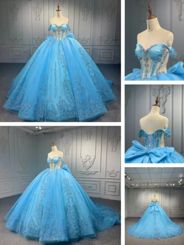 Gorgeous Off-the-shoulder Ball Gown Tulle Long Prom Dresses Beaded Applique Blue Quinceanera Dresses Sweet 16 Dress HZ1121