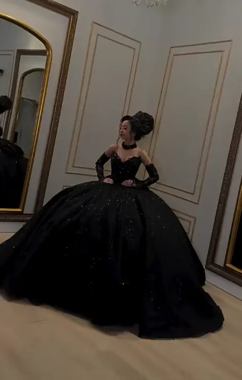 Glam Sweetheart Ball Gown Tulle Long Prom Dresses Black Quinceanera Dresses Sweet 16 Dress HZ1121