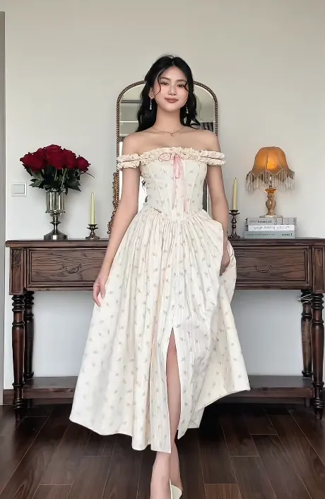 Elegant Off-the-shoulder A-Line Formal Dresses Satin Floral Wedding Guest Dresses HZ1121