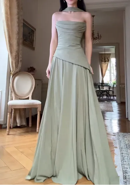 Elegant Strapless Sheath Green Long Formal Dresses Pleated Chiffon Green Wedding Guest Dresses HZ1121
