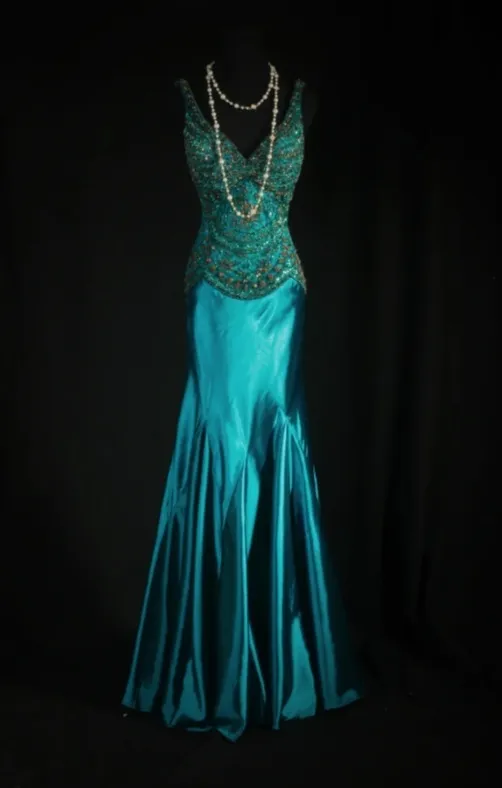 Vintage V-neck Sheath Blue Long Prom Dresses Satin Beaded Blue Evening Dresses HZ1121