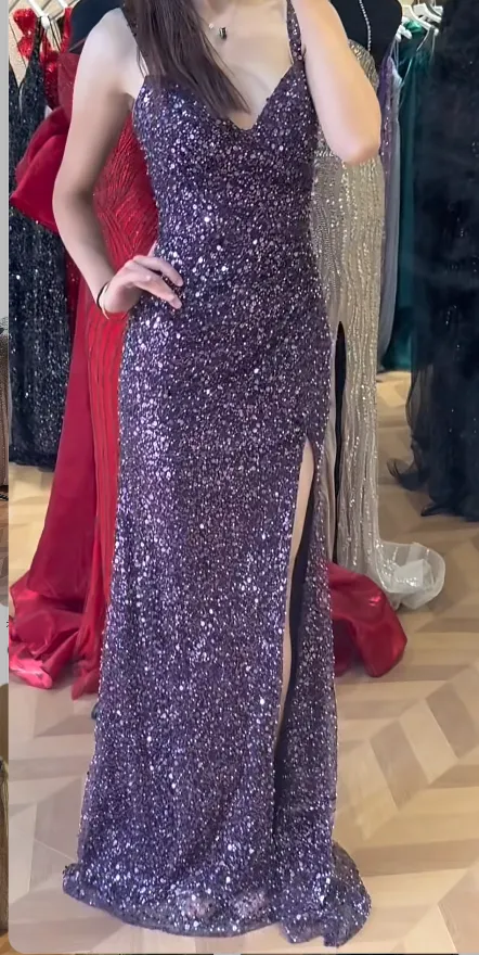 Chic Sheath Purple Long Prom Dresses with Slits Sequin Purple Wedding Guest Dresses HZ1121