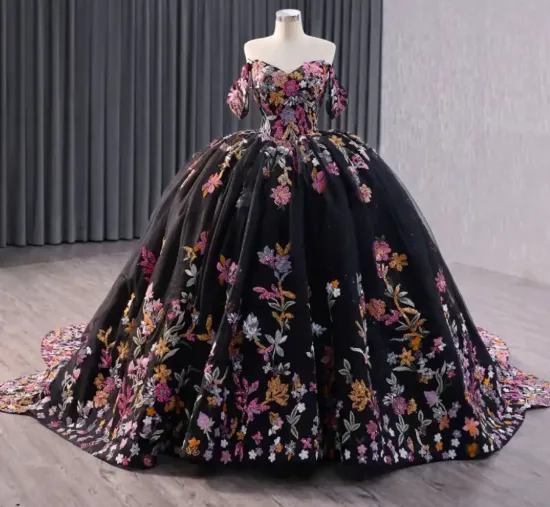 Fairy Off-the-shoulder Ball Gown Black Long Prom Dresses Tulle Applique Black Quincea?era Dresses Sweet 16 Dresses HZ1121